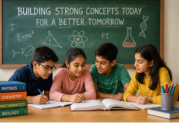 Students studying Physics, Chemistry, Biology, and Math books for IIT, JEE/NEET foundation courses.