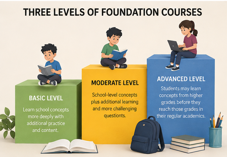 Infographic illustrating three levels—Basic, Moderate, and Advanced—of IIT, JEE/NEET foundation courses for students.