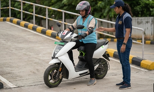 Practical ramp and slope control training session at Two-Wheeler Driving Schools in Hyderabad.